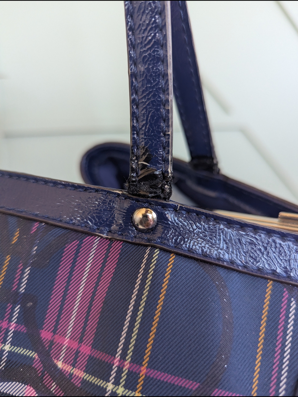 Coach Navy Plaid Tote with Pink and White Accents - Picture 7 of 14